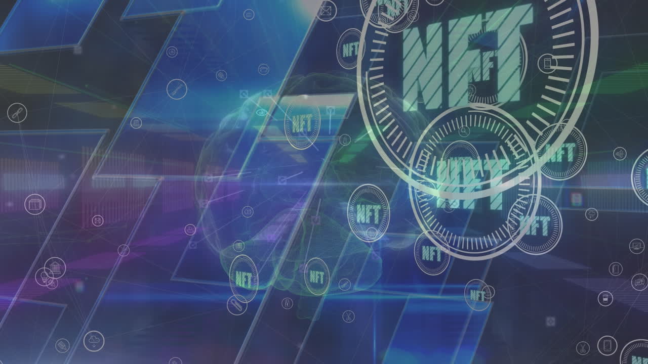 animación de cerebro, luces y nft en círculos sobre el espacio digital azul