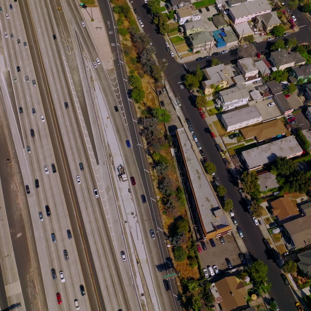 Los Angeles downtown drone shot. Aerial view of american city