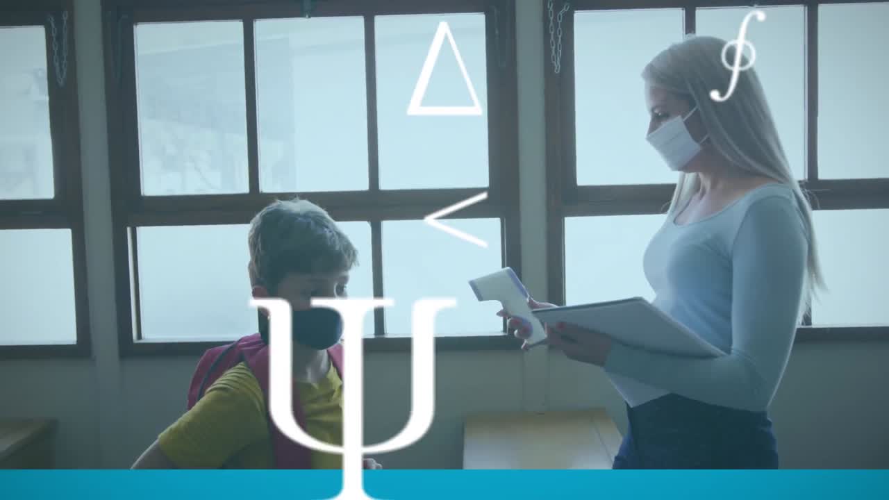 학교 에서 학생 들 의 온도 를 측정 하는 여자 교사 에 대해 떠다니는 여러 상징 들