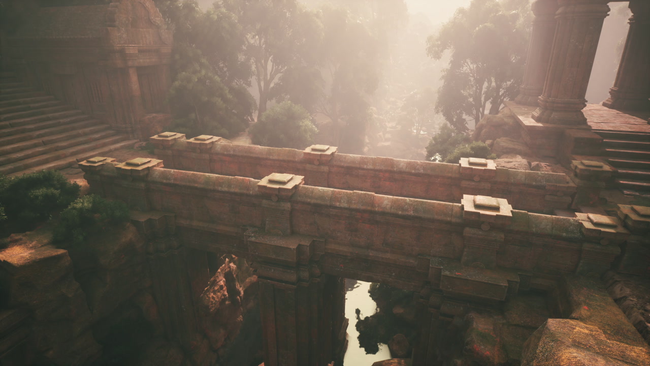 Ancient stone bridge nestled in a misty forest at sunrise