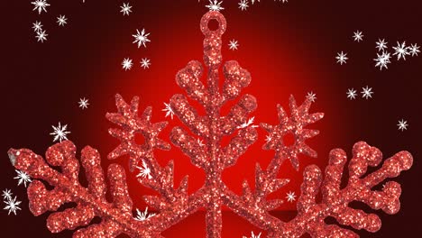 Animation-of-snow-falling-over-big-snowflake-on-red-background