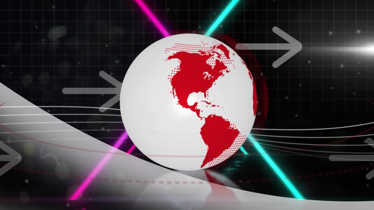 세계, 화살표 및 검은색 배경에 대한 데이터 처리의 애니메이션