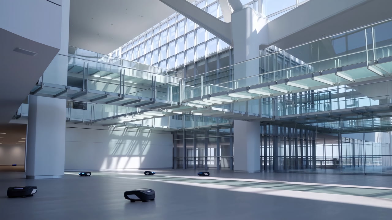 Bright Glass Atrium With Cleaning Robots Gliding Across Polished Floor Beneath Large Skylight And Suspended