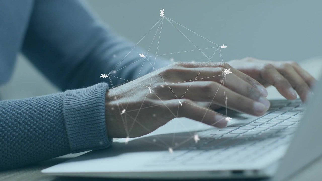Male hands hovering then pressing keys, typing while animated network forming around hands for data