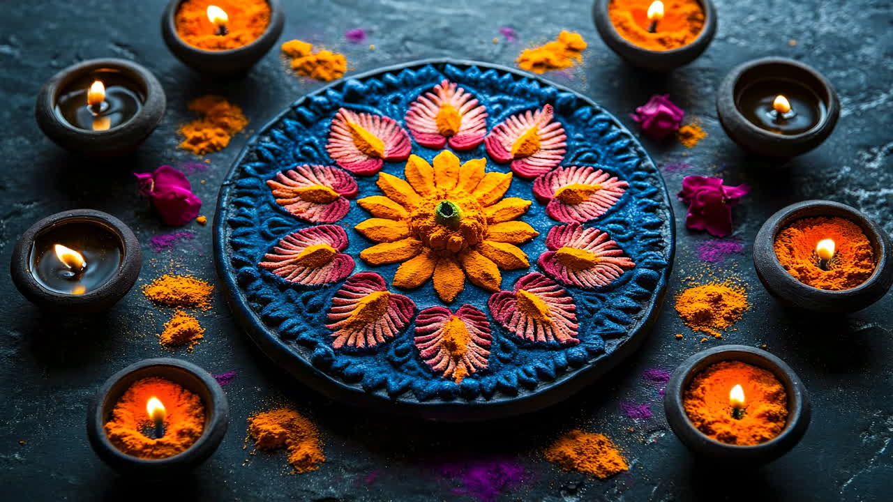 Festive colorful rangoli design. A vibrant rangoli made with colored powders and flowers surrounds small candles