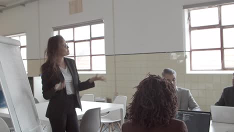 Confident-speaker-in-eyeglasses-talking-near-whiteboard