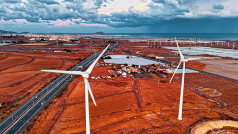 dramatic aerial view of wind turbines and landscape in gran canaria, spain