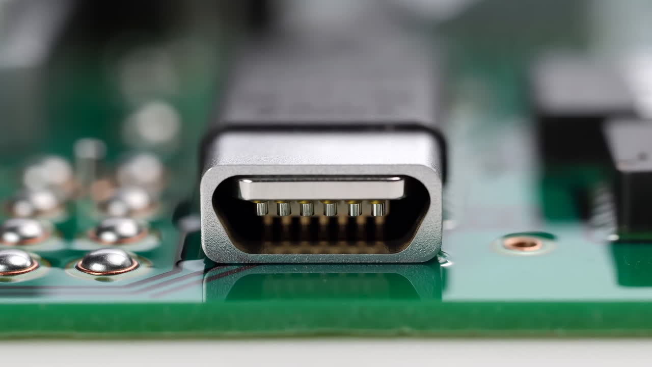 Micro USB-port på grønt printkort viser stikben, loddepunkter og metalhus, præcisionsnærbillede.