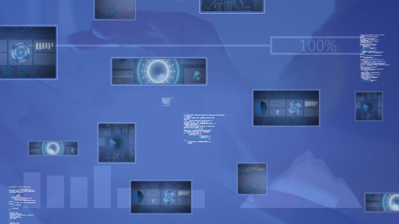 animación del procesamiento de datos y escaneado de ámbitos sobre la mujer usando tableta