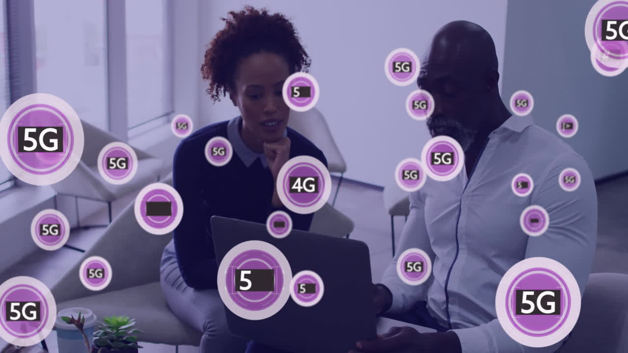 Animation of 5g, 4g text and data processing over diverse business people in office