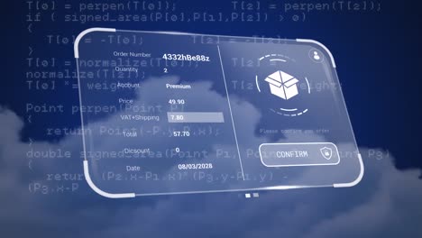 animación de la pantalla con procesamiento de datos en nubes sobre fondo azul
