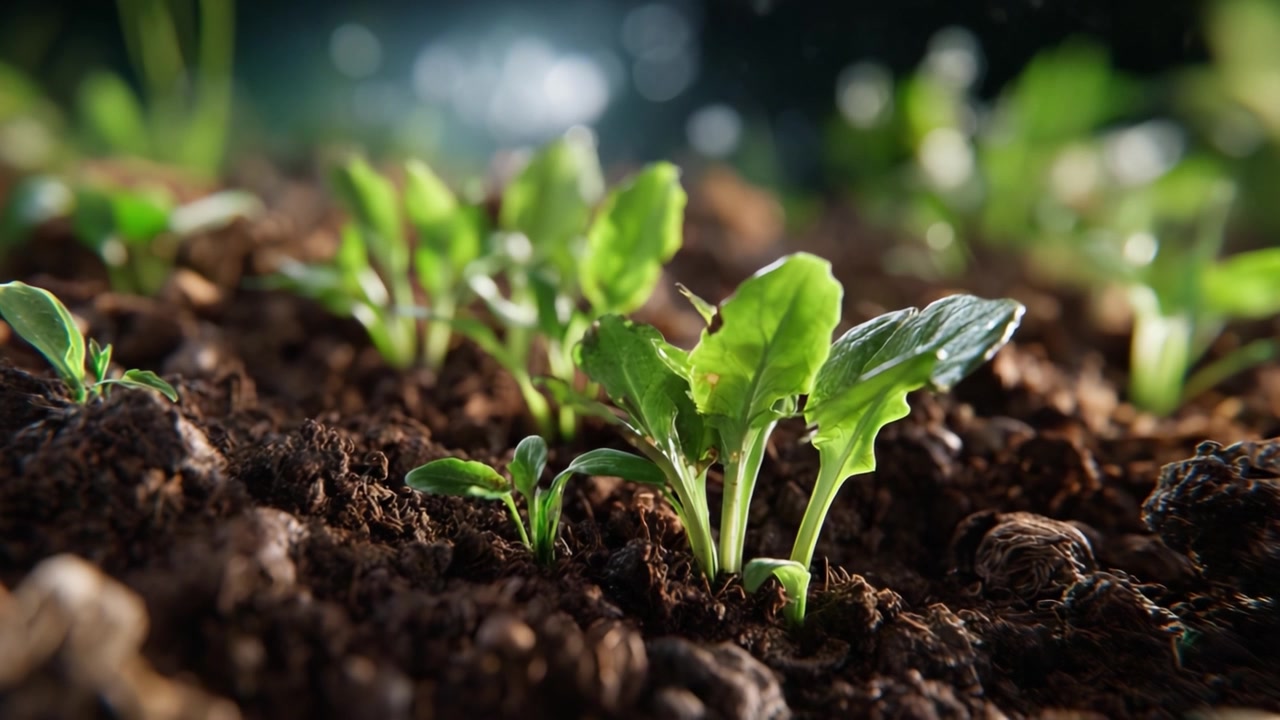 Crecimiento vibrante de plántulas frescas emergiendo de tierra rica con hojas verdes exuberantes en un ambiente húmedo, capturando la belleza de la rejuvenación de la naturaleza