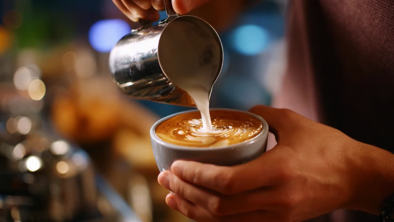 Pouring Milk into Coffee for Latte Art