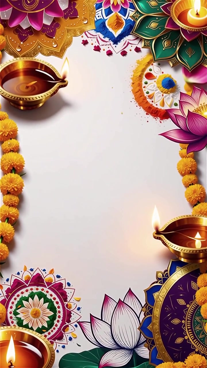 Sfondo Diwali con Diyas luminosi, Rangoli e fiori di loto