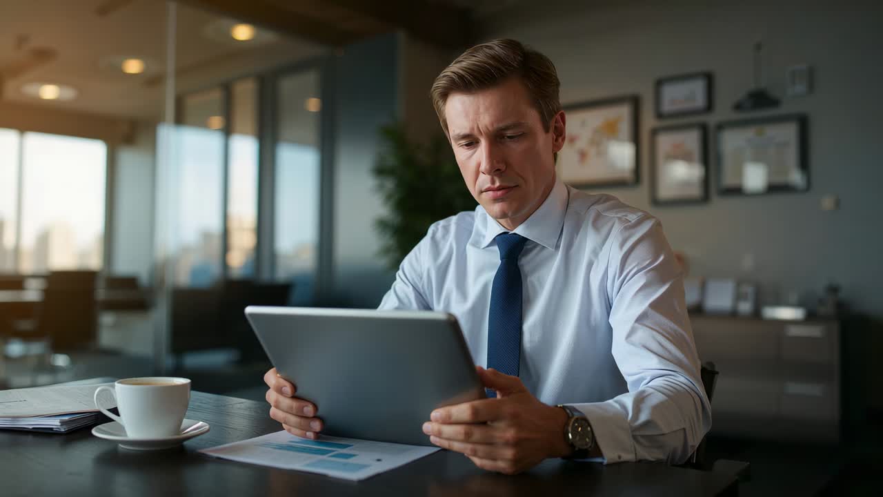 Ofis masasında beyaz gömlek ve lacivert kravat giymiş, tablet tutan ve tabloyu kontrol eden adam inceleniyor.