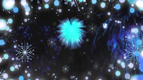 Animation-of-fireworks-and-christmas-fairy-lights-flickering-over-black-background