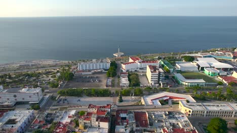 drone shot in reverse of the city of campeche