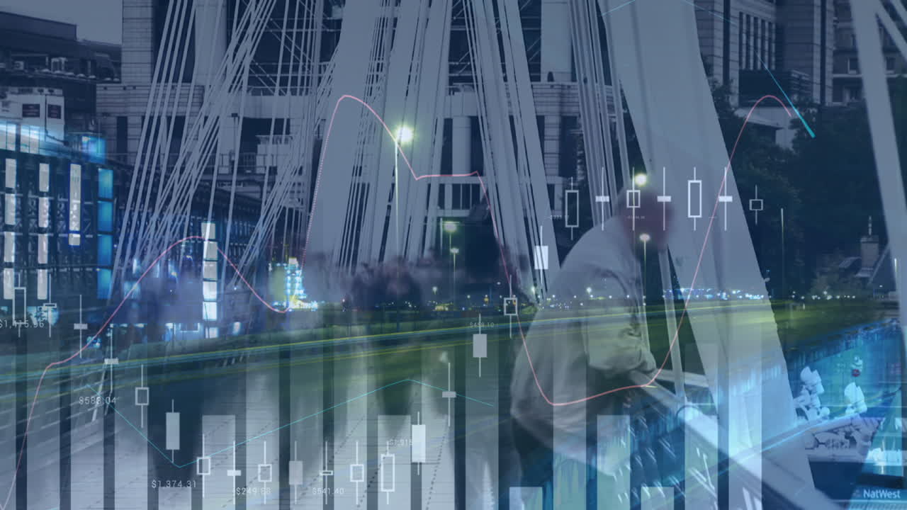Animation of financial data processing over busy city