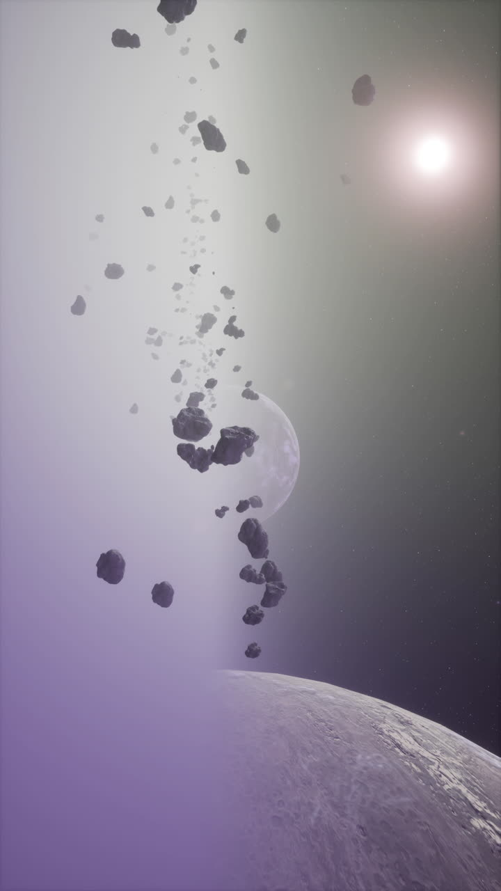una ilustración digital de un planeta con una luna y muchos asteroides en primer plano con un sol en el fondo