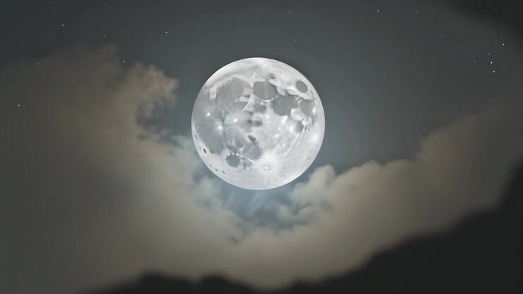 Lua cheia emergente brilhando enquanto nuvens em movimento se dissipam sobre o cume da montanha, mostrando crateras e estrelas