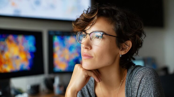 Donna riflessiva con occhiali davanti a schermi di computer vivaci, immersa nei suoi pensieri mentre analizza dati e crea soluzioni innovative in un ambiente di lavoro dinamico