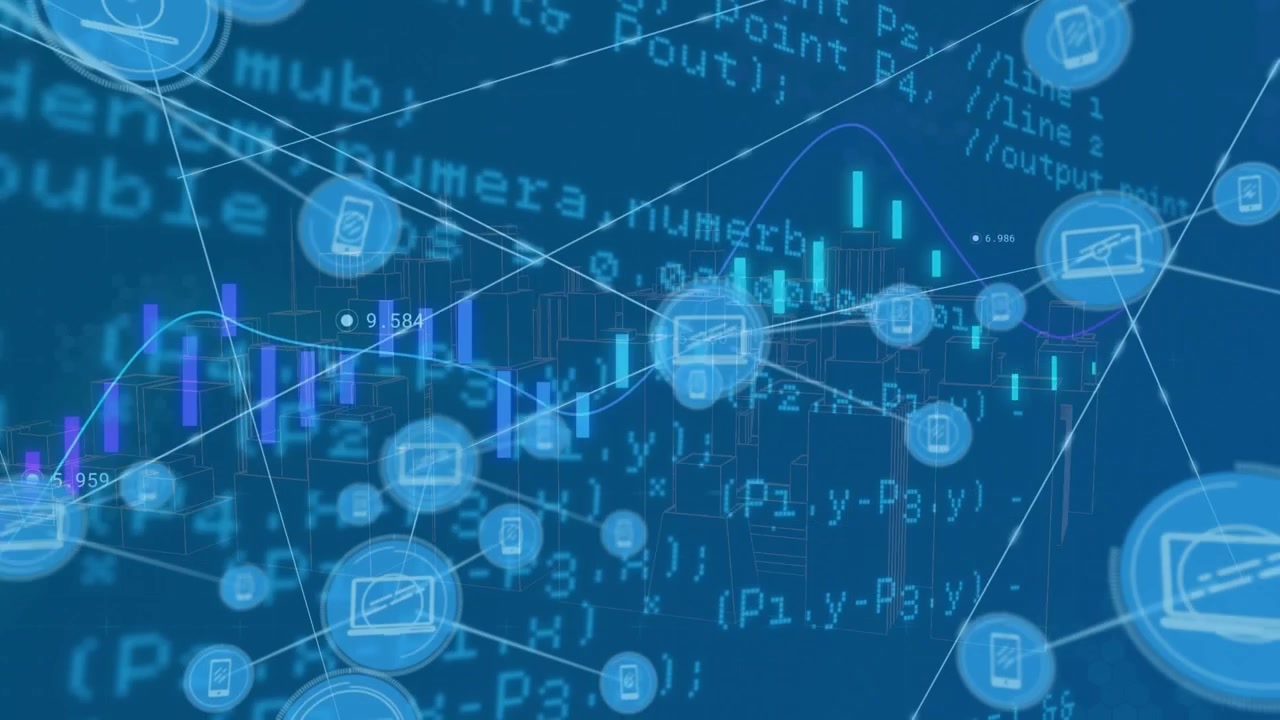 Animation of network of connections with icons and data processing over blue background