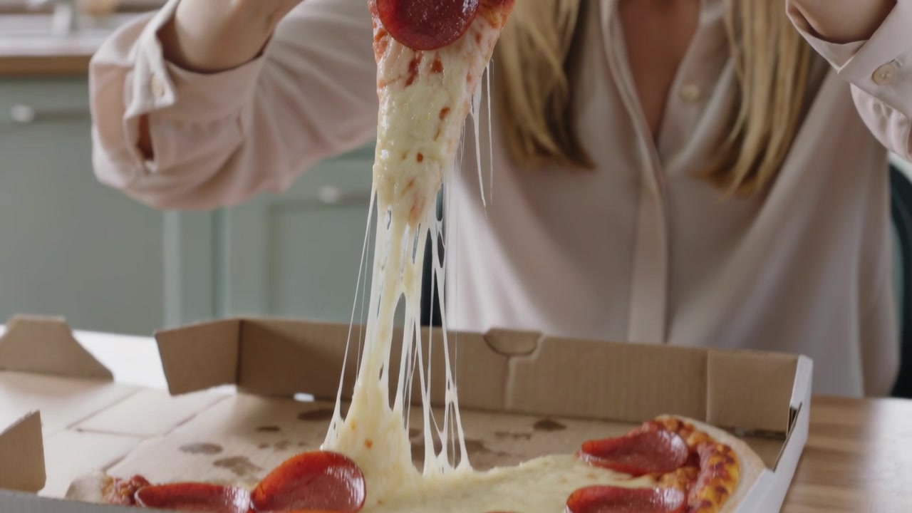 Aprendo una scatola di pizza, una bionda in camicetta solleva un pezzo di salame piccante per mangiarlo, con il formaggio filante, al tavolo della cucina.