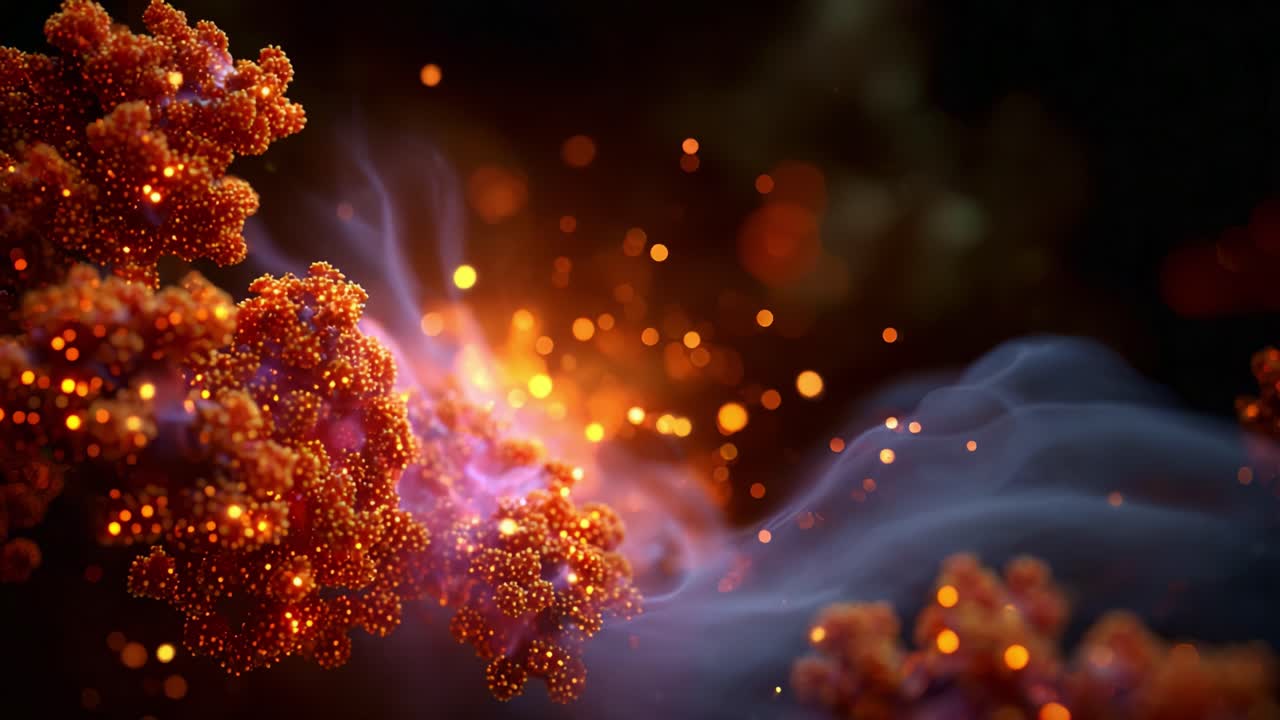Esplorando vivaci strutture microscopiche: un viaggio animato attraverso particelle colorate e fumo etereo in una vivida esperienza di visualizzazione scientifica