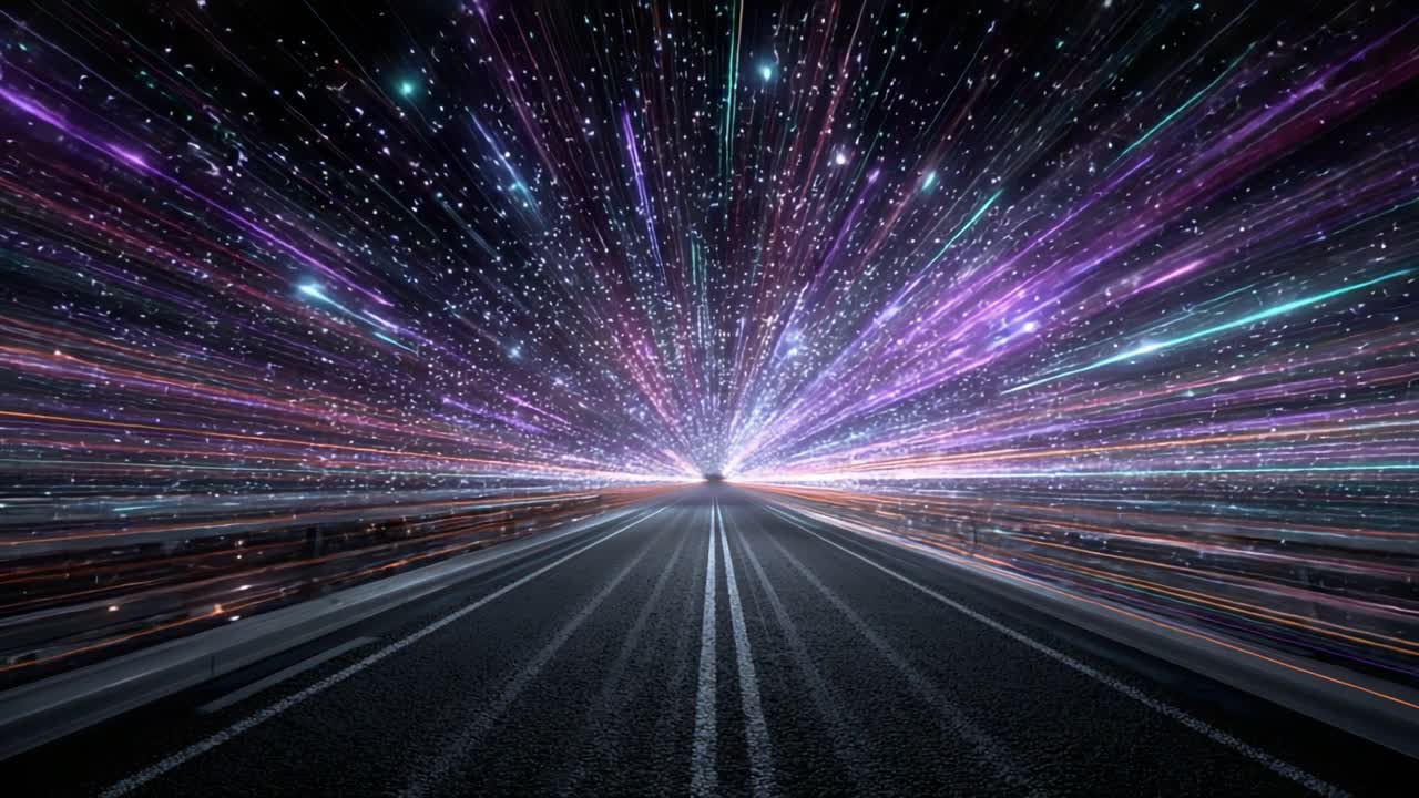 Una visualizzazione mozzafiato di energia e movimento cosmico su una strada infinita che si espande in un vortice di stelle e luce, creando un senso di infinite possibilità e avventura