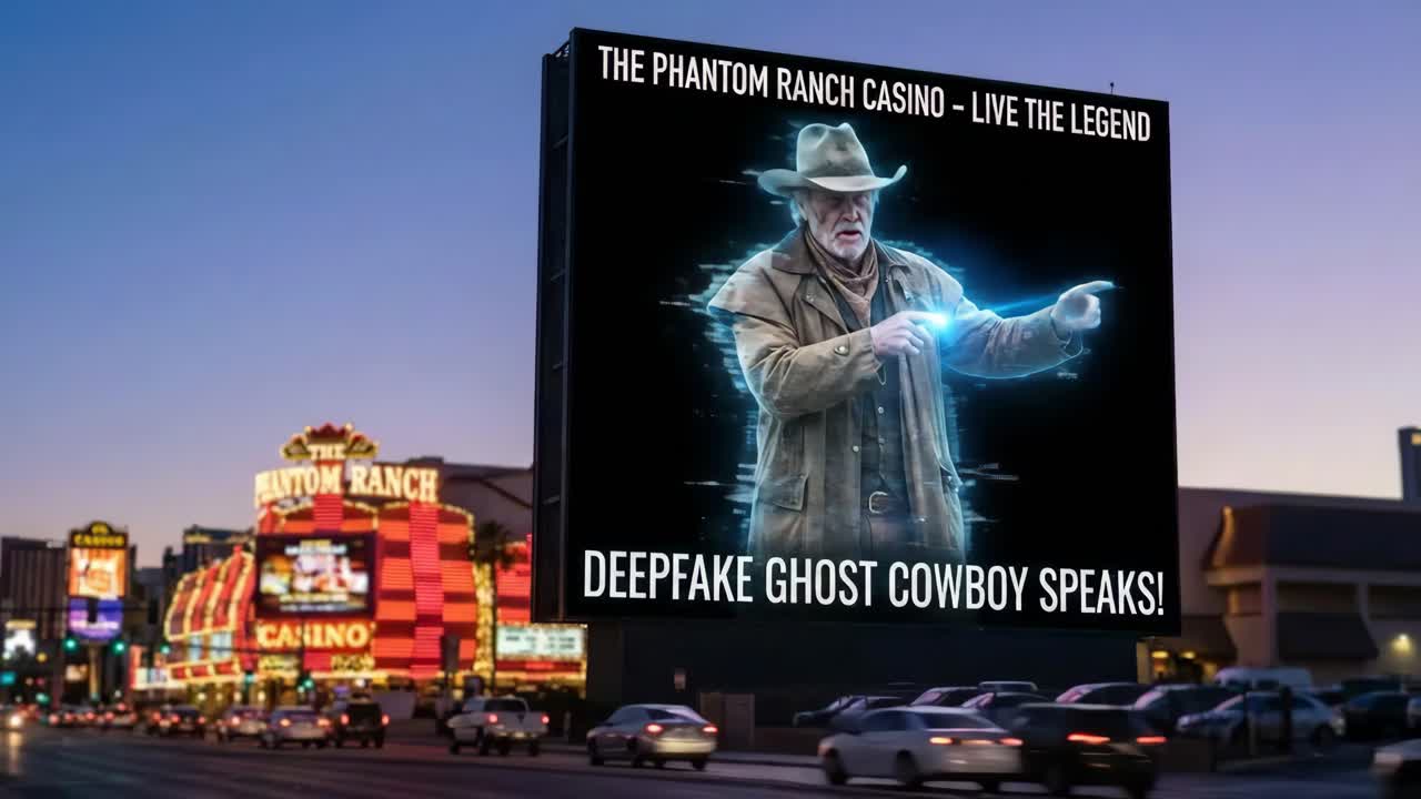 Valla publicitaria de vaquero fantasma deepfake de Phantom Ranch Casino