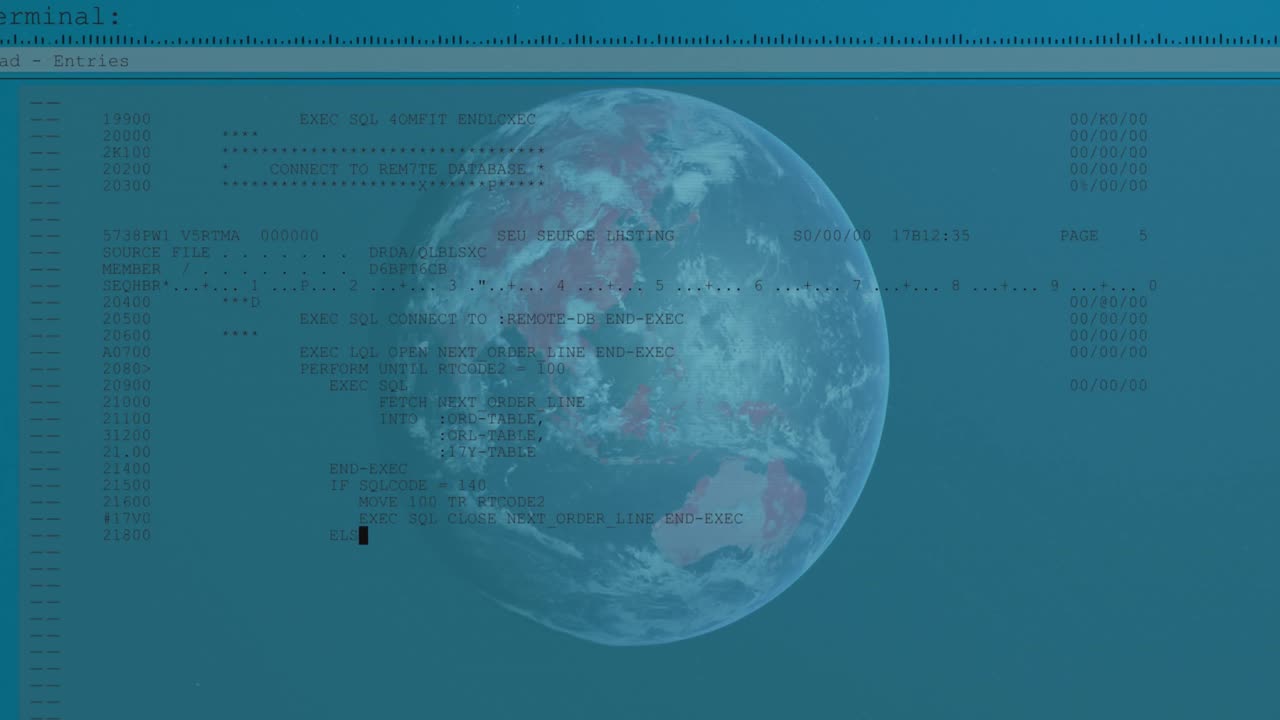 블루 배경에 글로브와 빠른 스크롤 텍스트 정보를 가진 디지털 인터페이스의 애니메이션