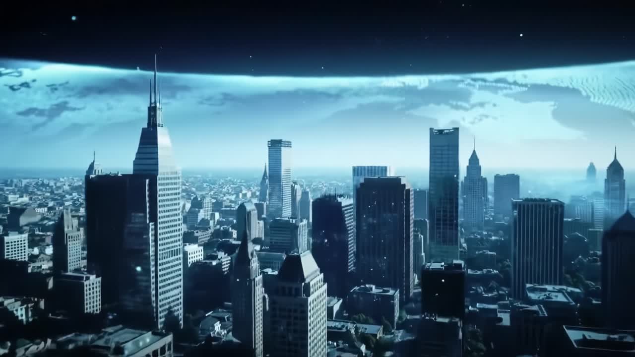 Futuristic Cityscape: A Stunning Vision of Urban Architecture Under a Digital Sky with a Cosmic Atmosphere