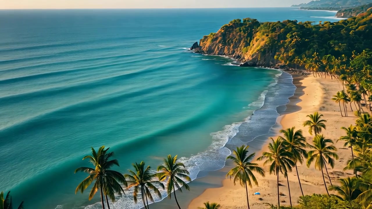 Vista Aérea de Praia Tropical com Coqueiros e Ondas Quebrando