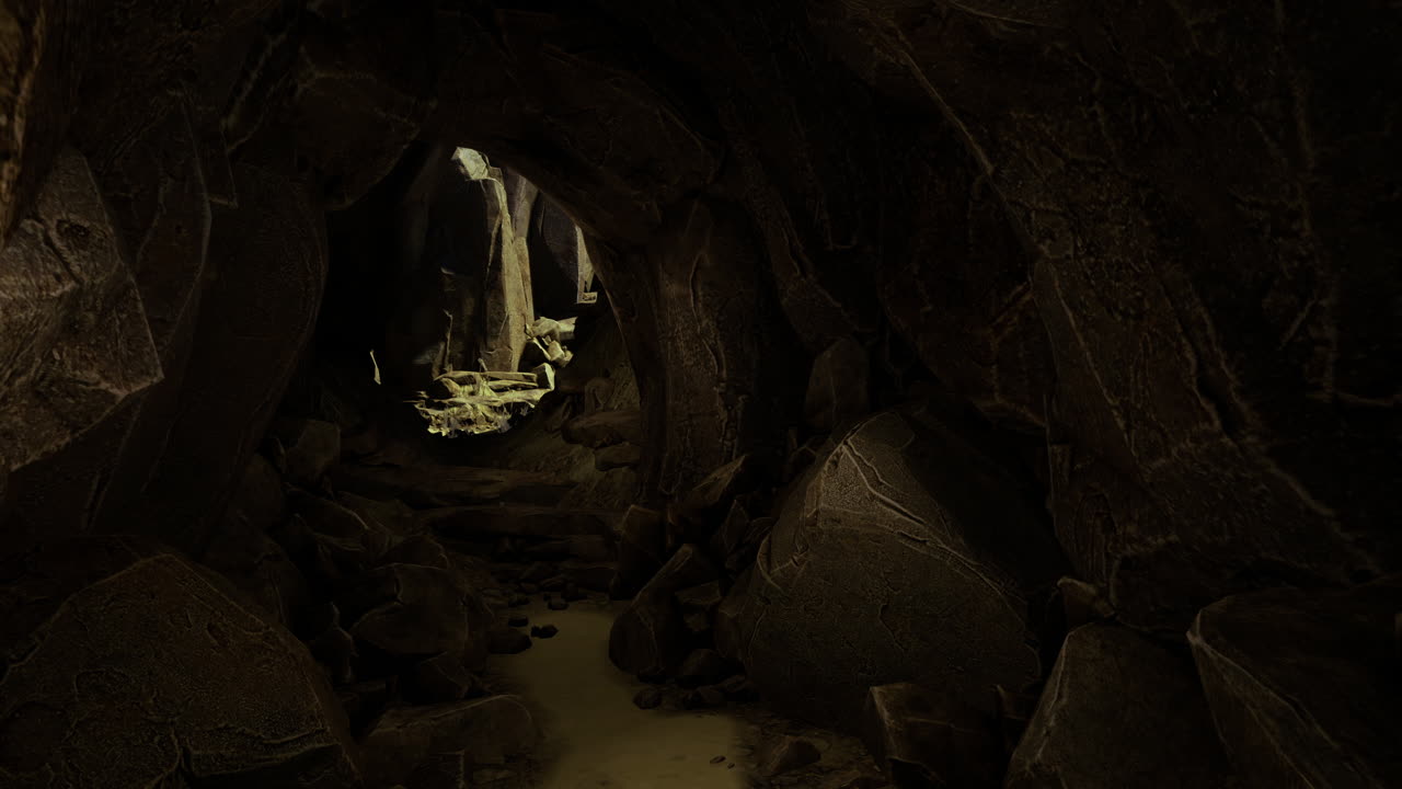 Mysterious cave passage with light illuminating the rocky walls