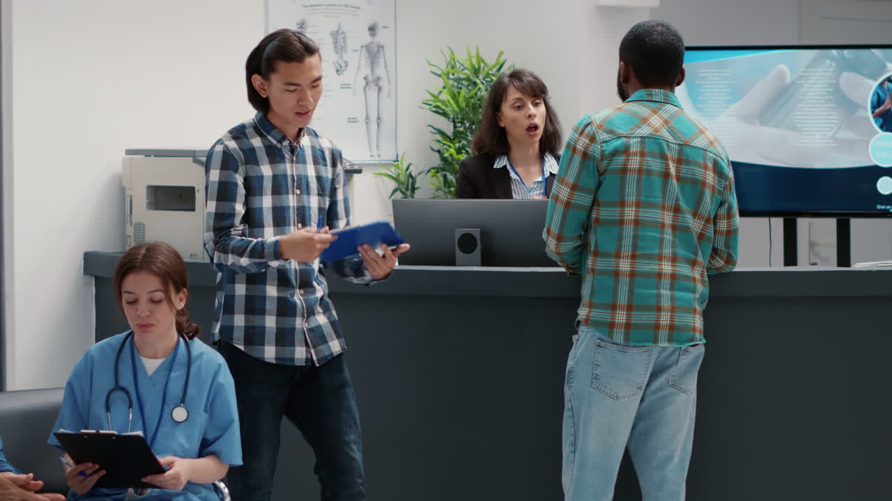 Hospital waiting room with patients and medical staff