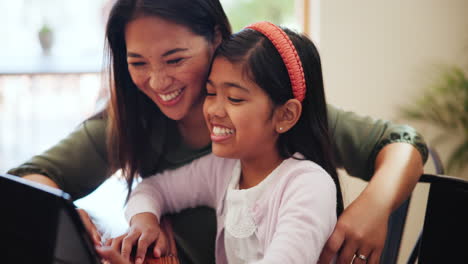home, mother and girl with a tablet