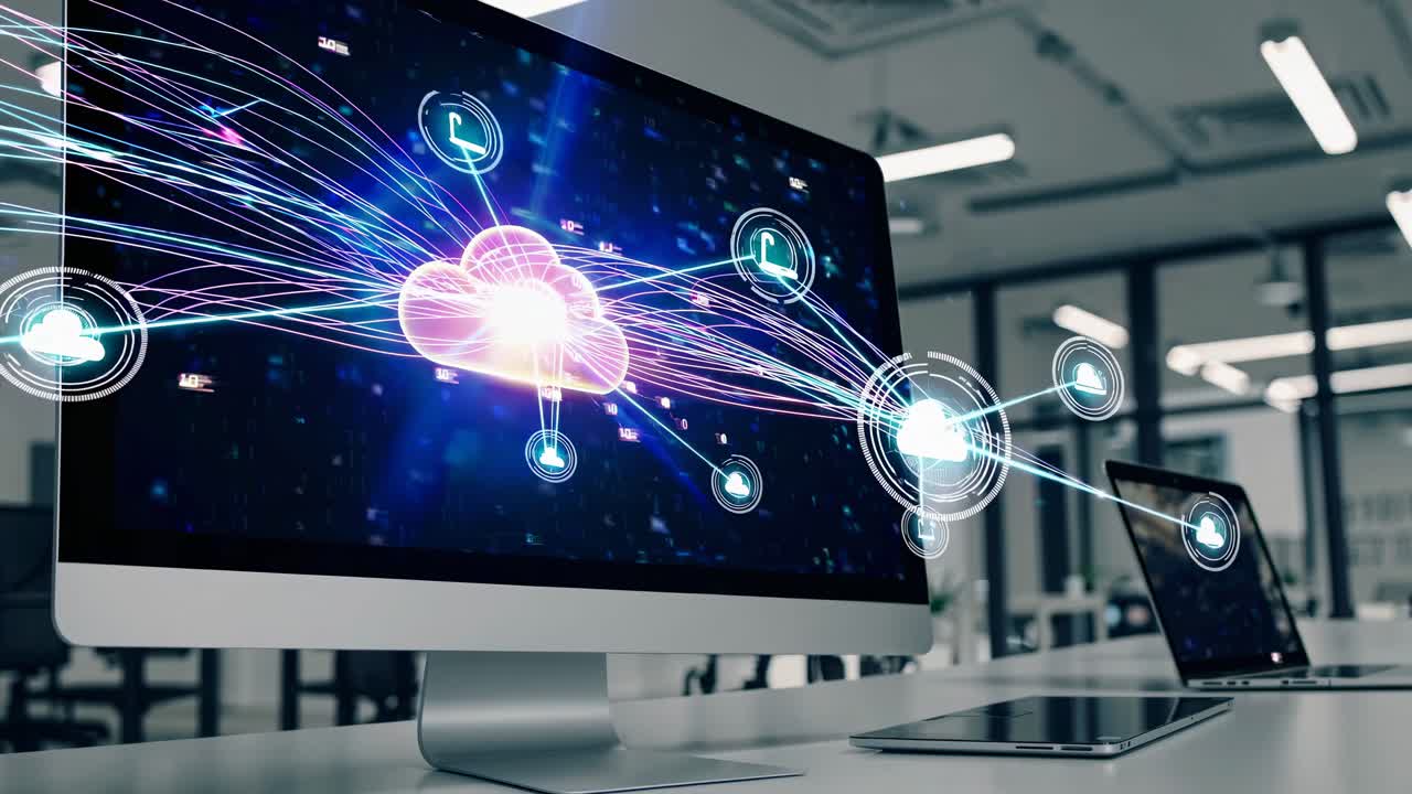 Side angle of a computer screen displaying cloud computing with digital icons and lines