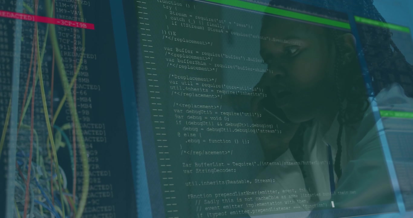 IT technician receiving call, reseating network cables while scanning code overlay for diagnostics
