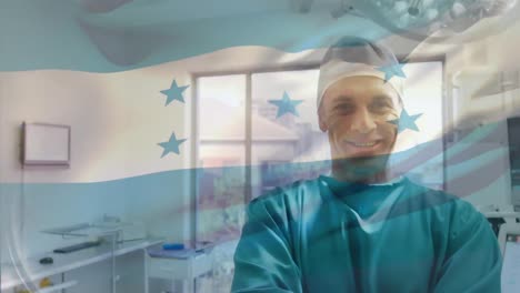 Animation-of-flag-of-honduras-waving-over-surgeon-in-operating-theatre