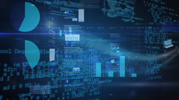 Animation of financial data processing on blue background