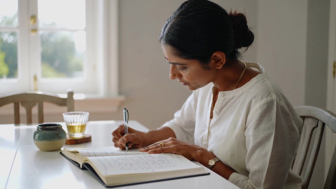 Writing woman with bun wearing light blouse, watch at home table, pen poised journaling in notebook