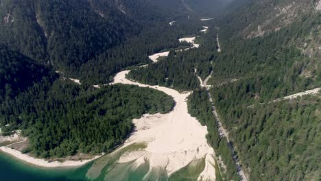 Aerial-view-of-empty-riverbed-of-Lago-del-Predil