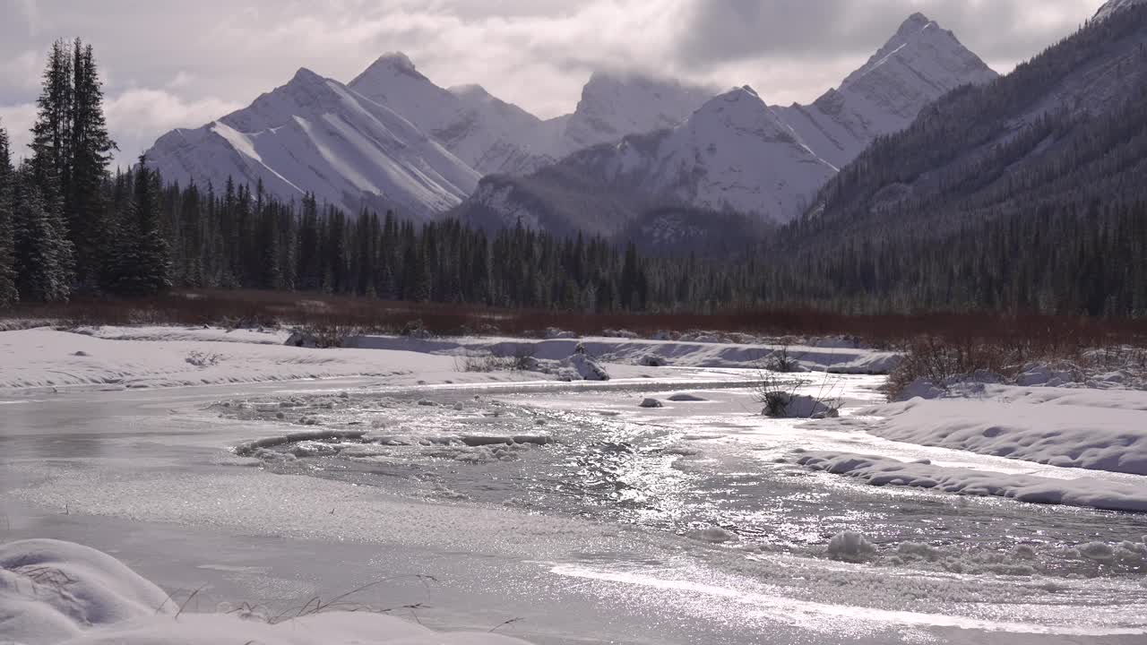 Panning shot of a river running through a mountain valley in winter.