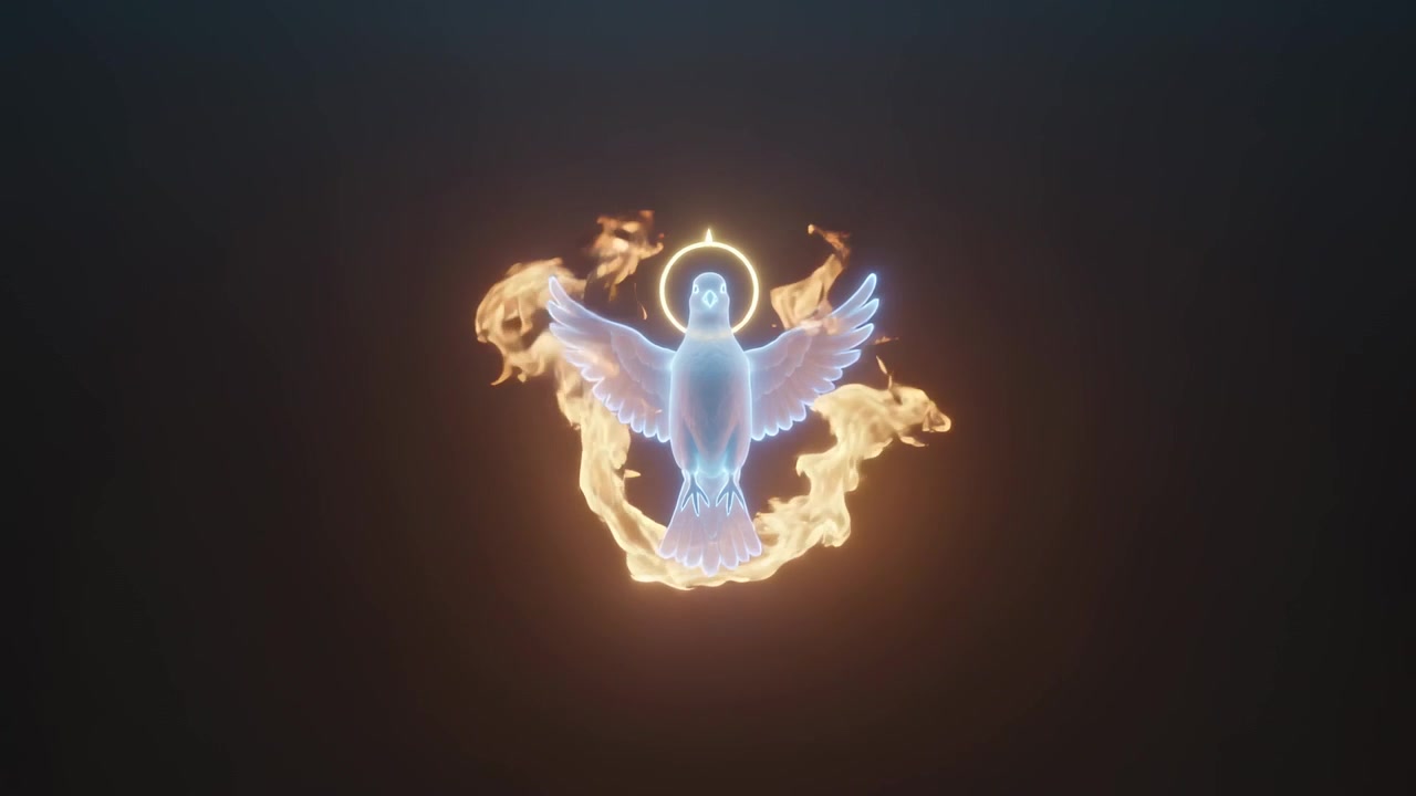 Lifting neon dove wings as fire ring growing under, sparking halo pulsing, embers rising in void