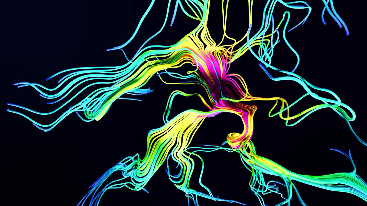 Creative colorful 3d motion design bg. 4k abstract bg with grow multicolor lines like glossy ribbons forming curl noise. Luma matte as alpha channel. Curved lines, tinsel.Subsurface glow material.