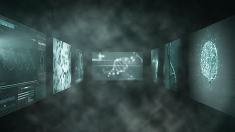 Animation-Der-Biologischen-Datenverarbeitung-In-Einem-Tunnel-Aus-Bildschirmen-Auf-Schwarzem-Hintergrund
