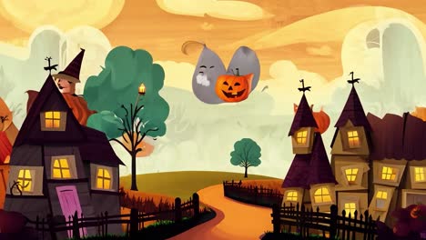 spooky halloween cartoon with ghosts, witches, and jack-o'-lanterns