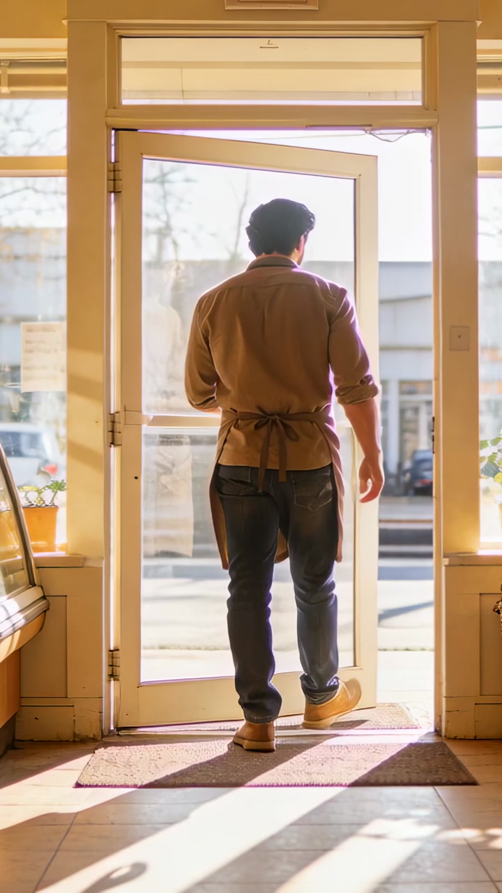 Reaching male cafe worker pulling glass door and stepping outside to street at shop entrance, apron