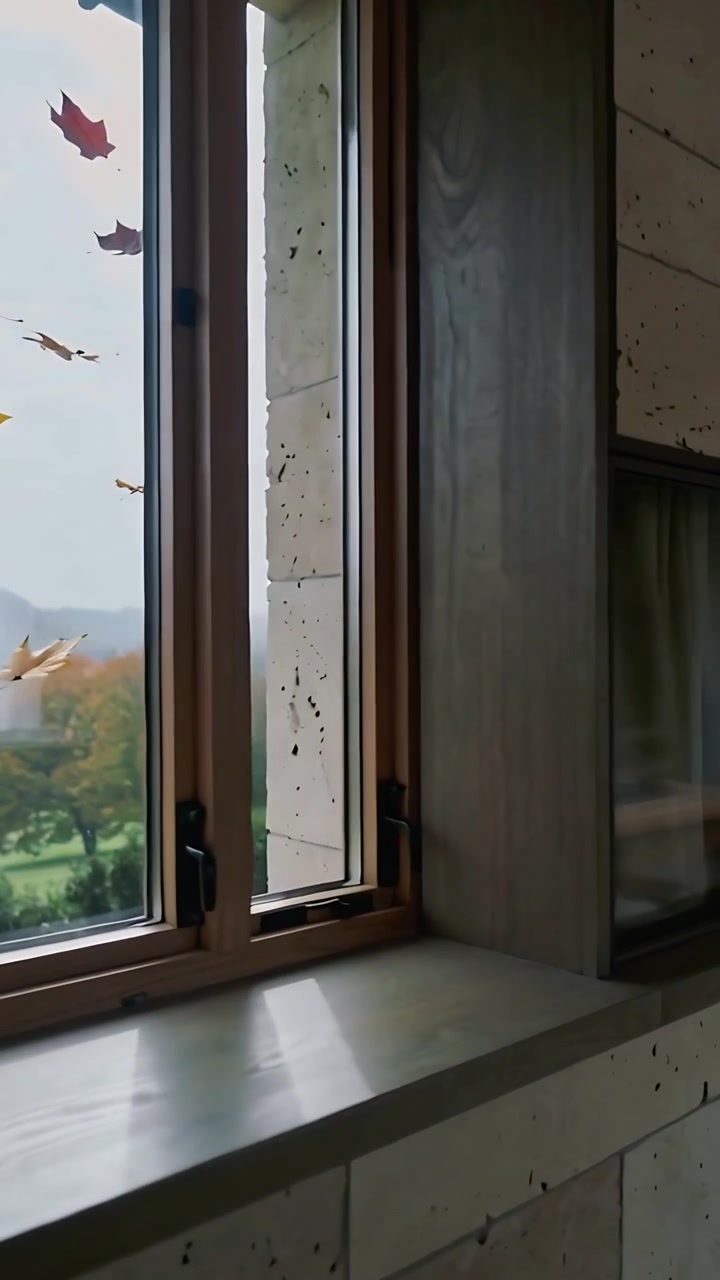 Vertical video: Panning cam filming wooden window at home with leaf decals, stone sill showing view