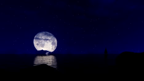 pareja de amantes sentada en la playa bajo la luna llena contra el cielo estrellado, panorámica 4k